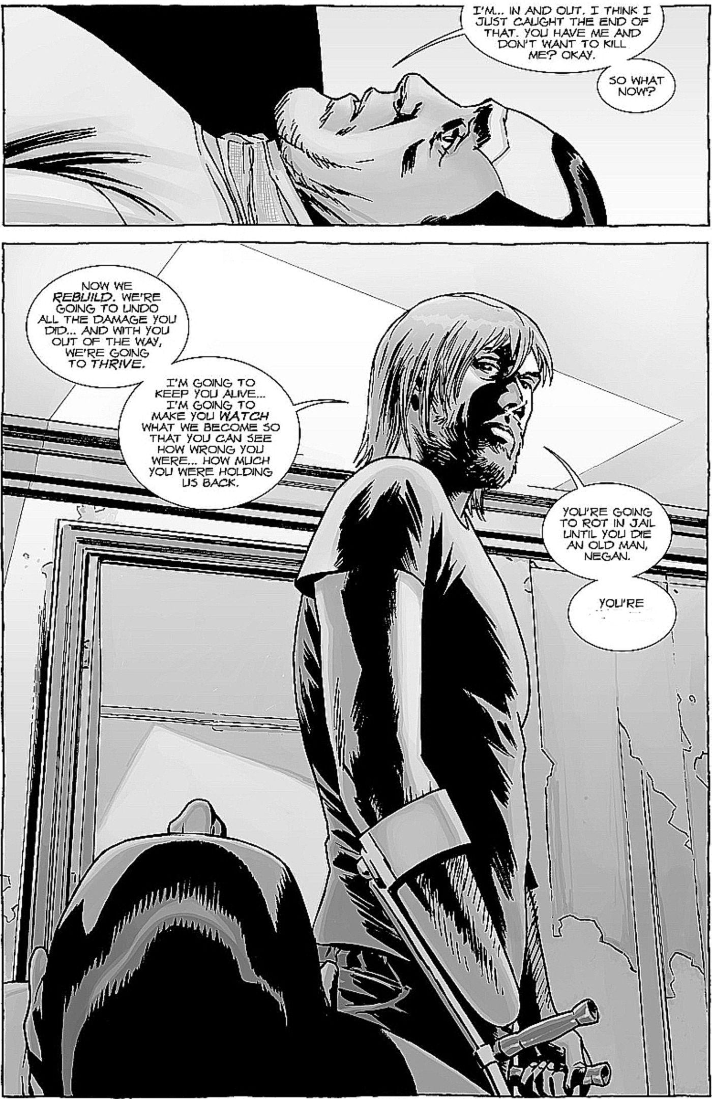 final page of Walking Dead #125, Rick Grimes tells Negan why he's keeping him alive
