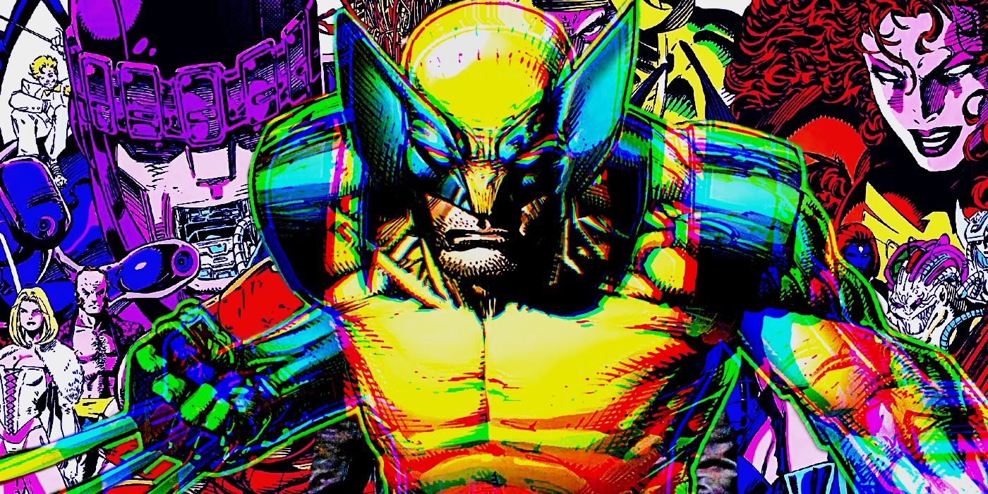 Neon Wolverine unsheathing claws at the center of the image with other vibrant X-Men characters behind him