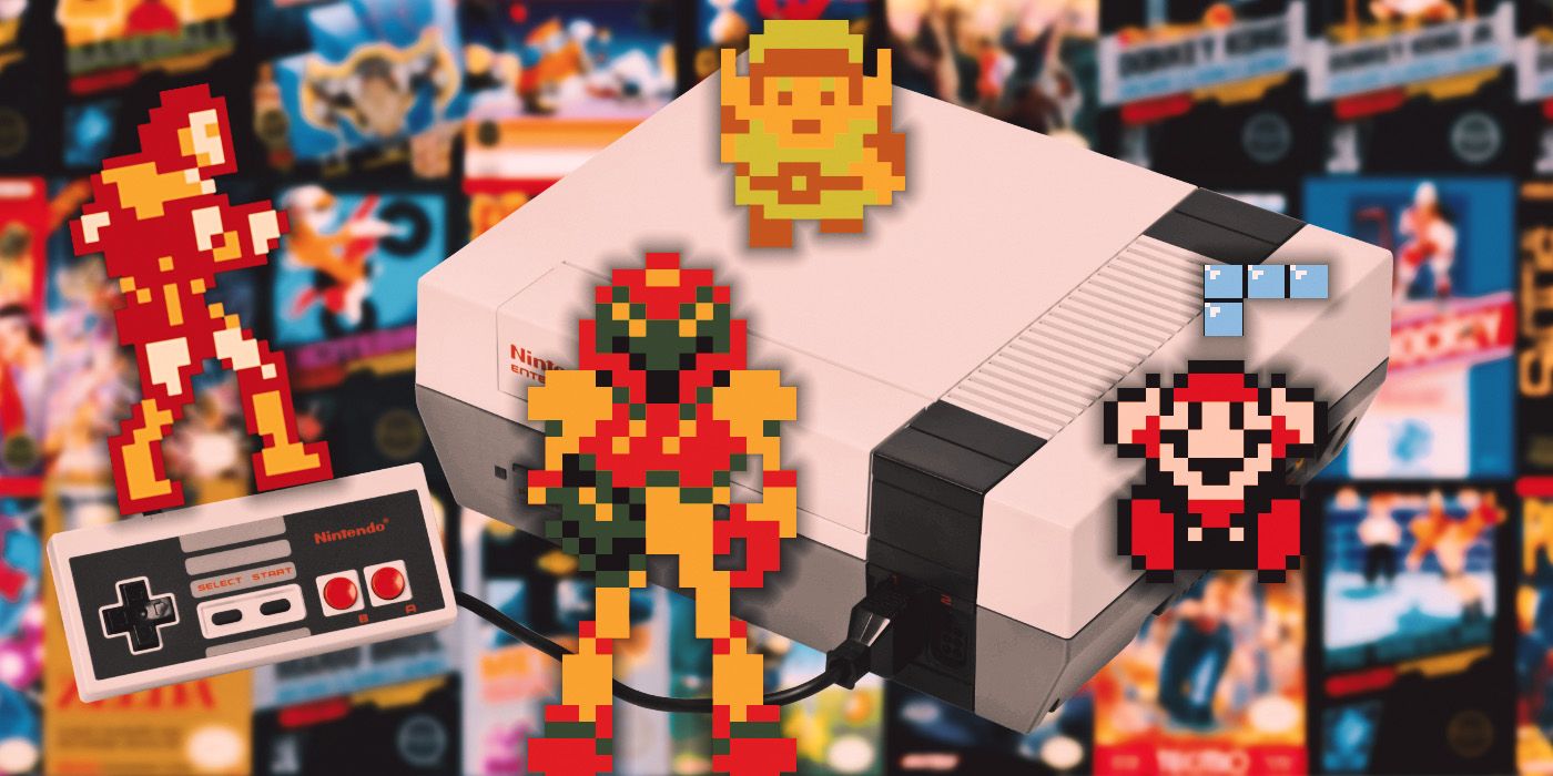 A Nintendo Entertainment system surrounded by pixelated characters from its most famous games, including Link, Mario, and Samus.