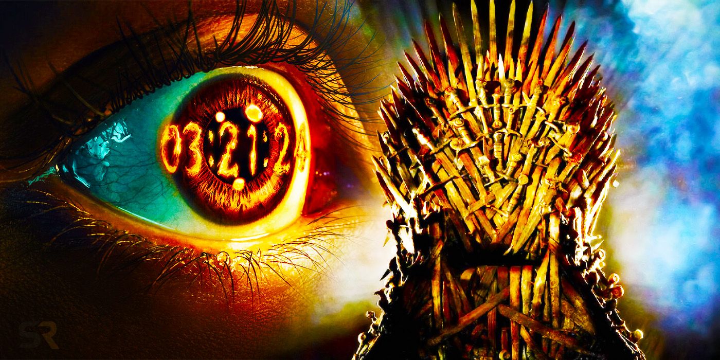 An eye with the date March 21, 2024 printed on it on the poster for 3 Body Problem next to the iron throne from Game of Thrones