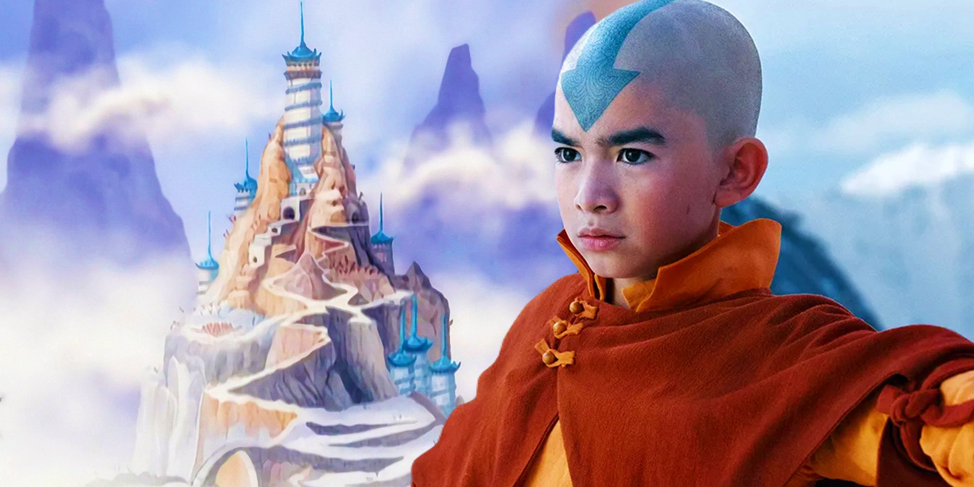 Aang parado no Pólo Norte em Last Airbender da Netflix, próximo ao Southern Air Temple do programa original