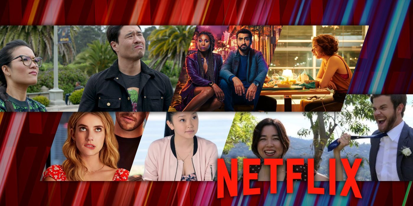 A composite image features characters from Always Be My Maybe, Lovebirds, Love At First Sight, Holidate, To All The Boys I Loved Before, and Plus One on Netflix