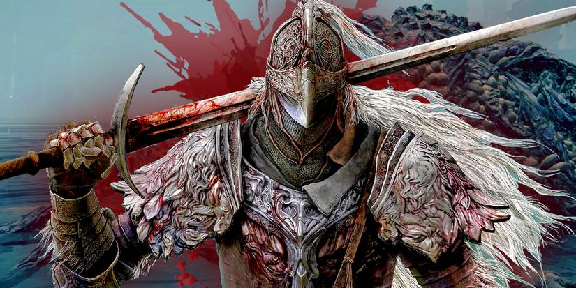 An Elden Ring knight holds their sword with a blood splash behind them.