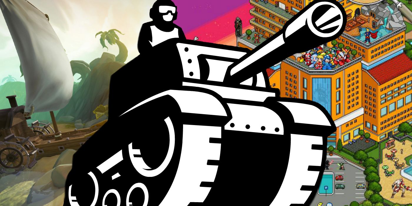 A logo for Newgrounds, showing a soldier riding on top of a tank, in front of a background split between Habbo Hotel and RuneScape screenshots.