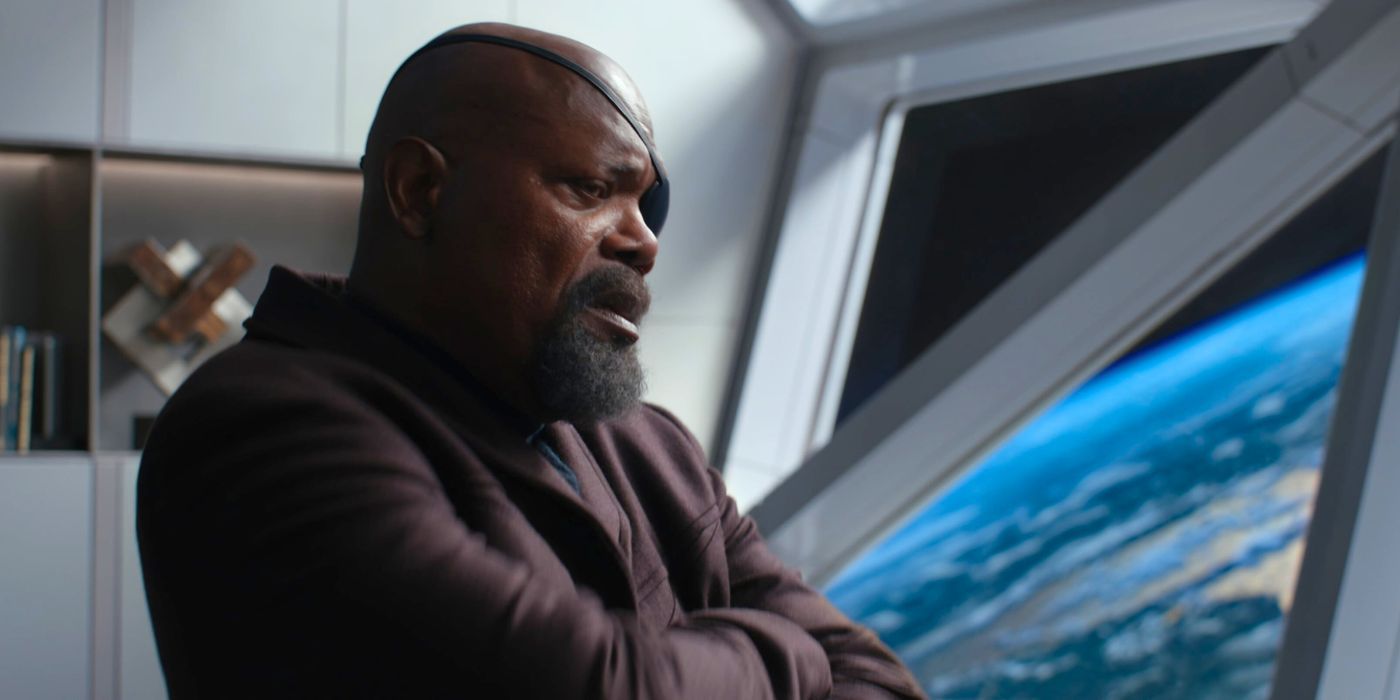 Nick Fury (Samuel L. Jackson) na estação espacial SABRE em The Marvels