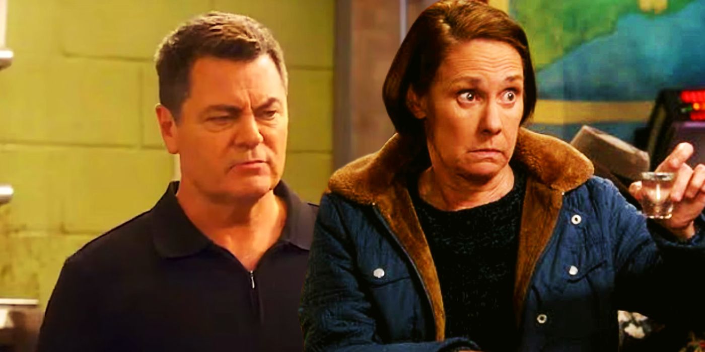 Nick Offerman in The Conners season 6 next to Laurie Metcalf as Jackie