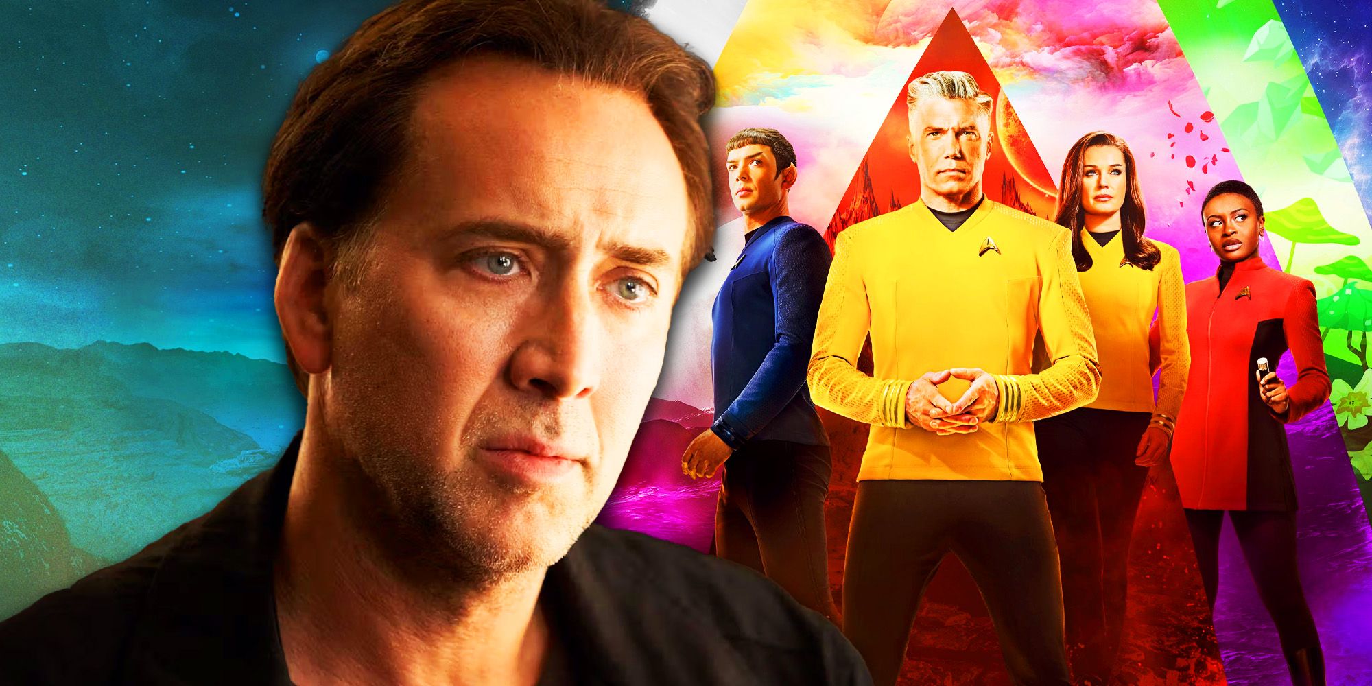 Nicolas Cage with the cast from Star Trek Strange New Worlds