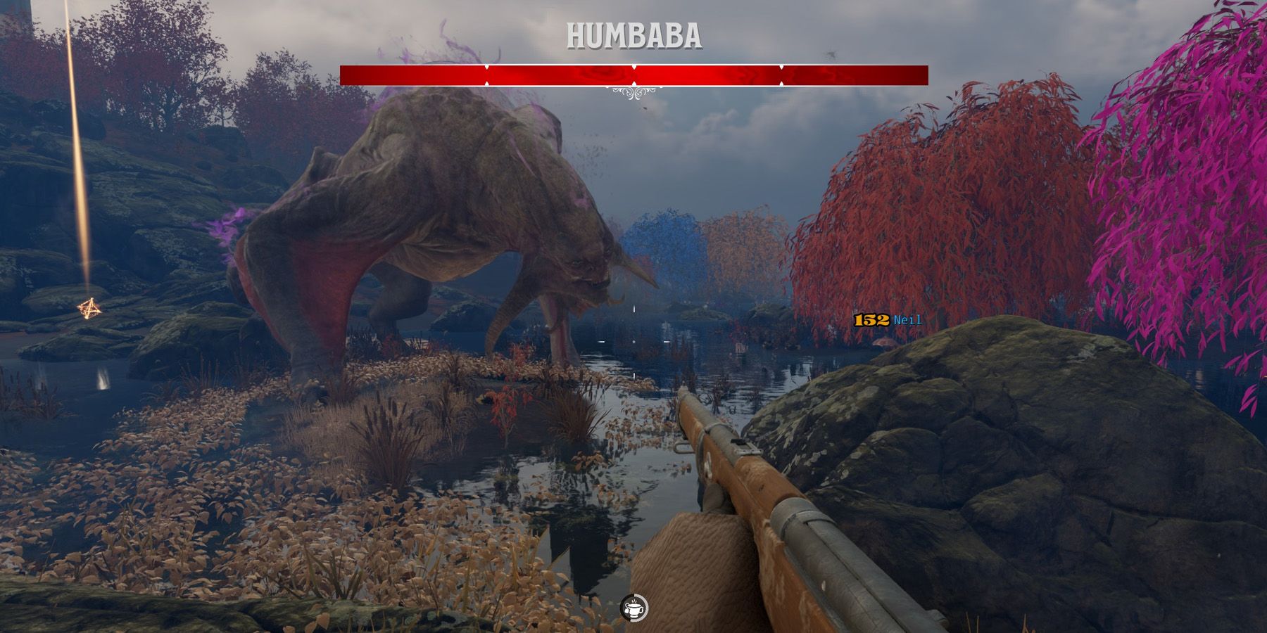 Apontando uma arma para uma criatura gigante Humbaba em um pântano em Nightingale.