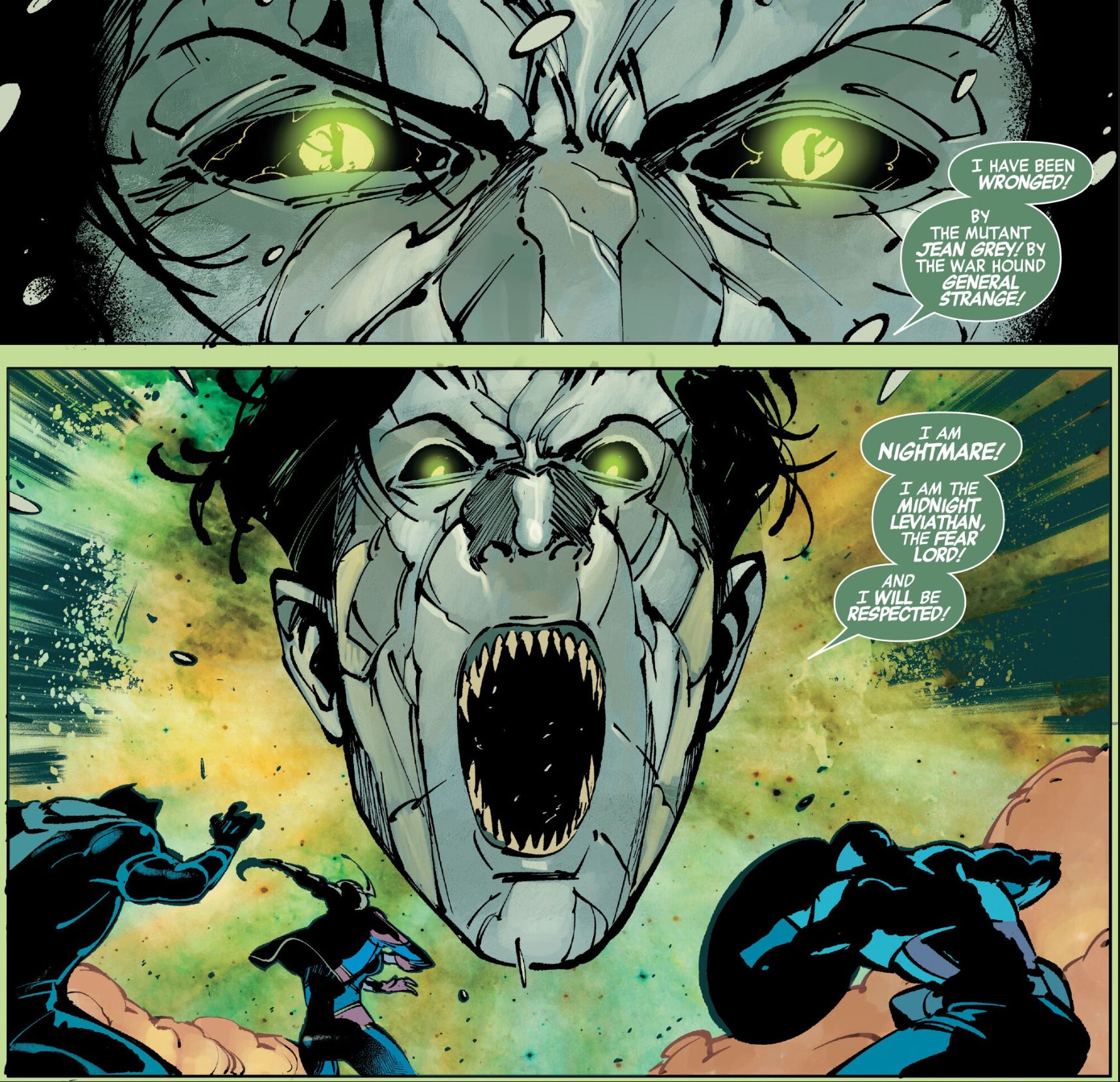 Comic book panels: Taking the shape of a gigantic, screaming head with pointed teeth, Nightmare lets out a bellow that forces the Avengers back.