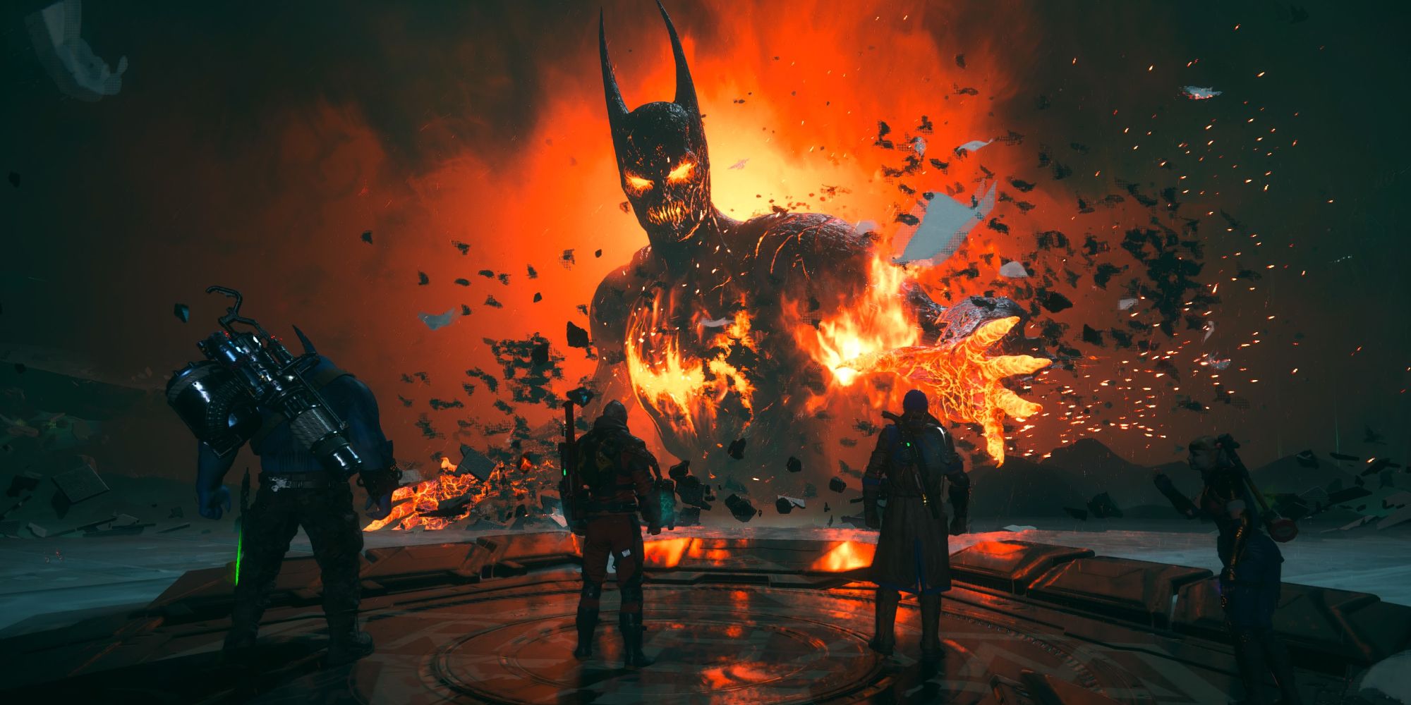 Screenshot from Suicide Squad Kill the Justice League game shows the Squad facing down a giant Batman in a hellscape.