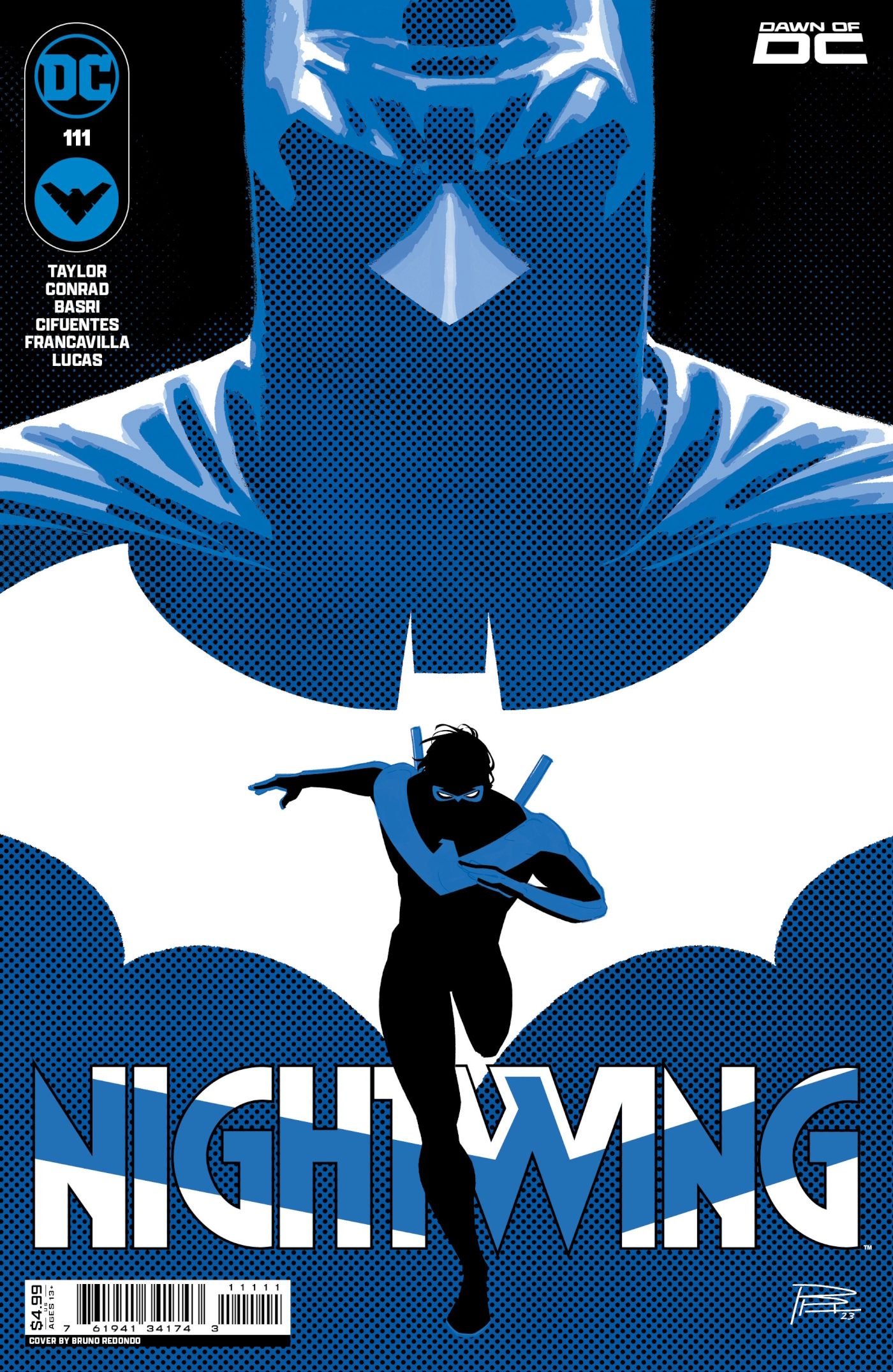 Cover for Nightwing #111, featuring its title character running against a white logo backdrop