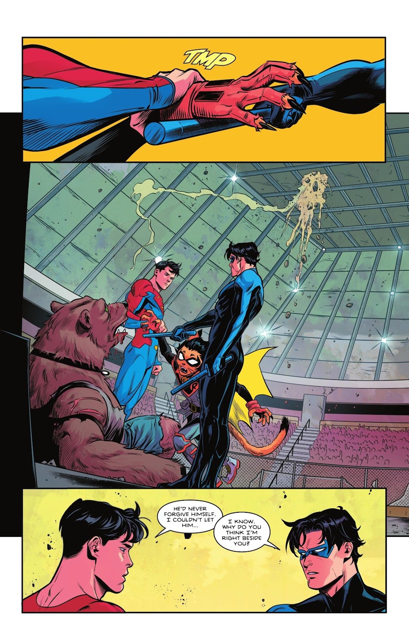 Asa Noturna e Superman Jon Kent impedem Damian Wayne Robin de matar durante o Beast World