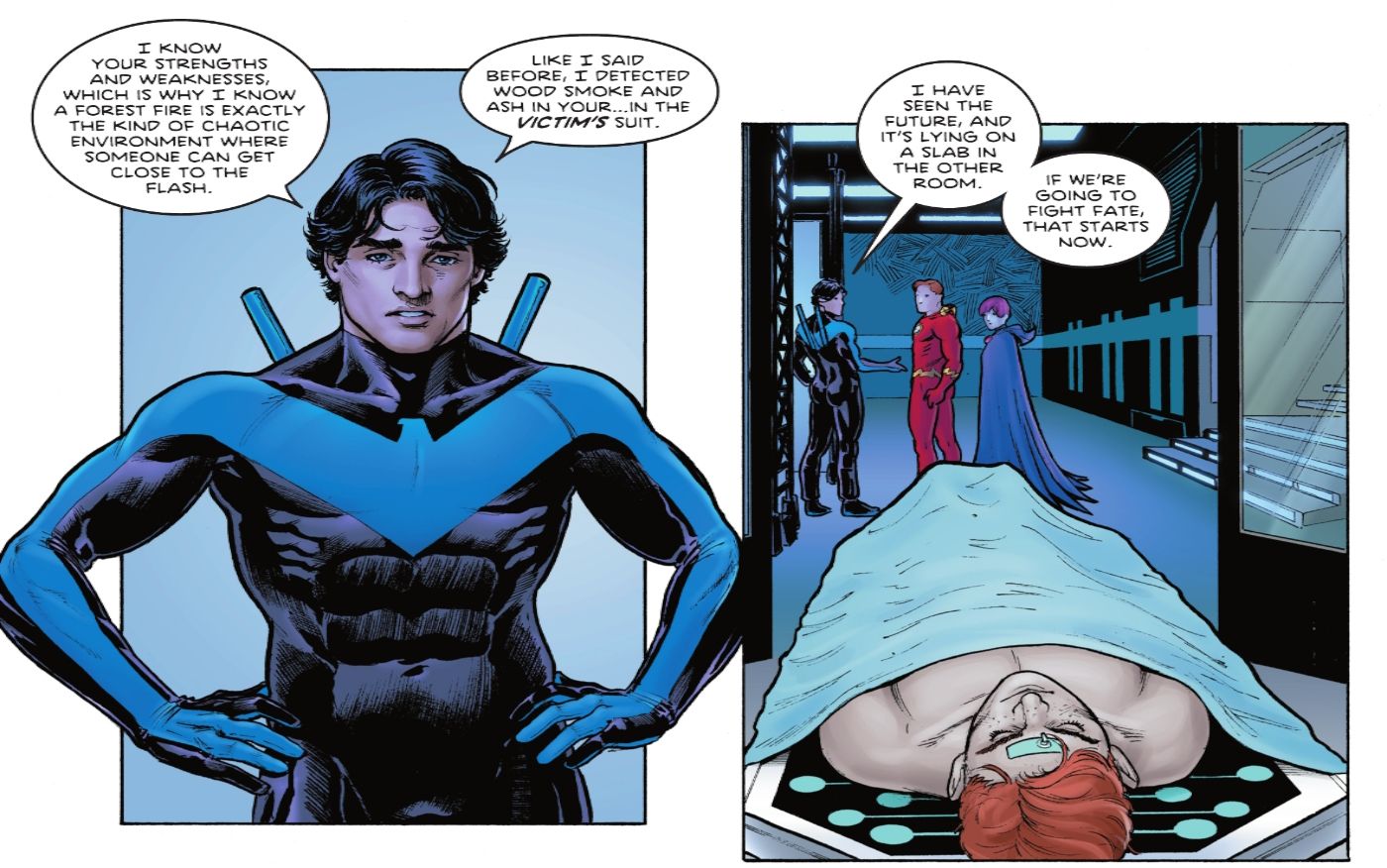 Painéis de quadrinhos: Nightwing olha para uma versão morta de Wally West com as mãos na cintura.