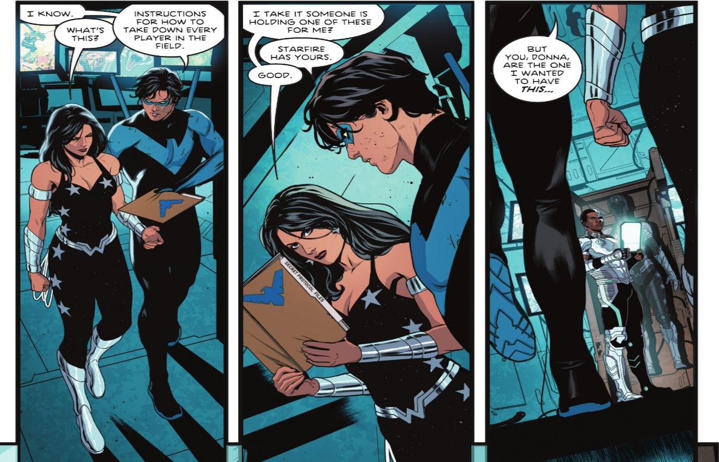 Painéis de quadrinhos: Nightwing entrega um plano de contingência para Donna Troy.