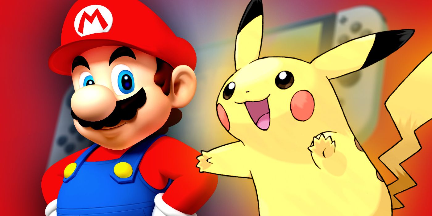 Pikachu and Mario pose next to each other.