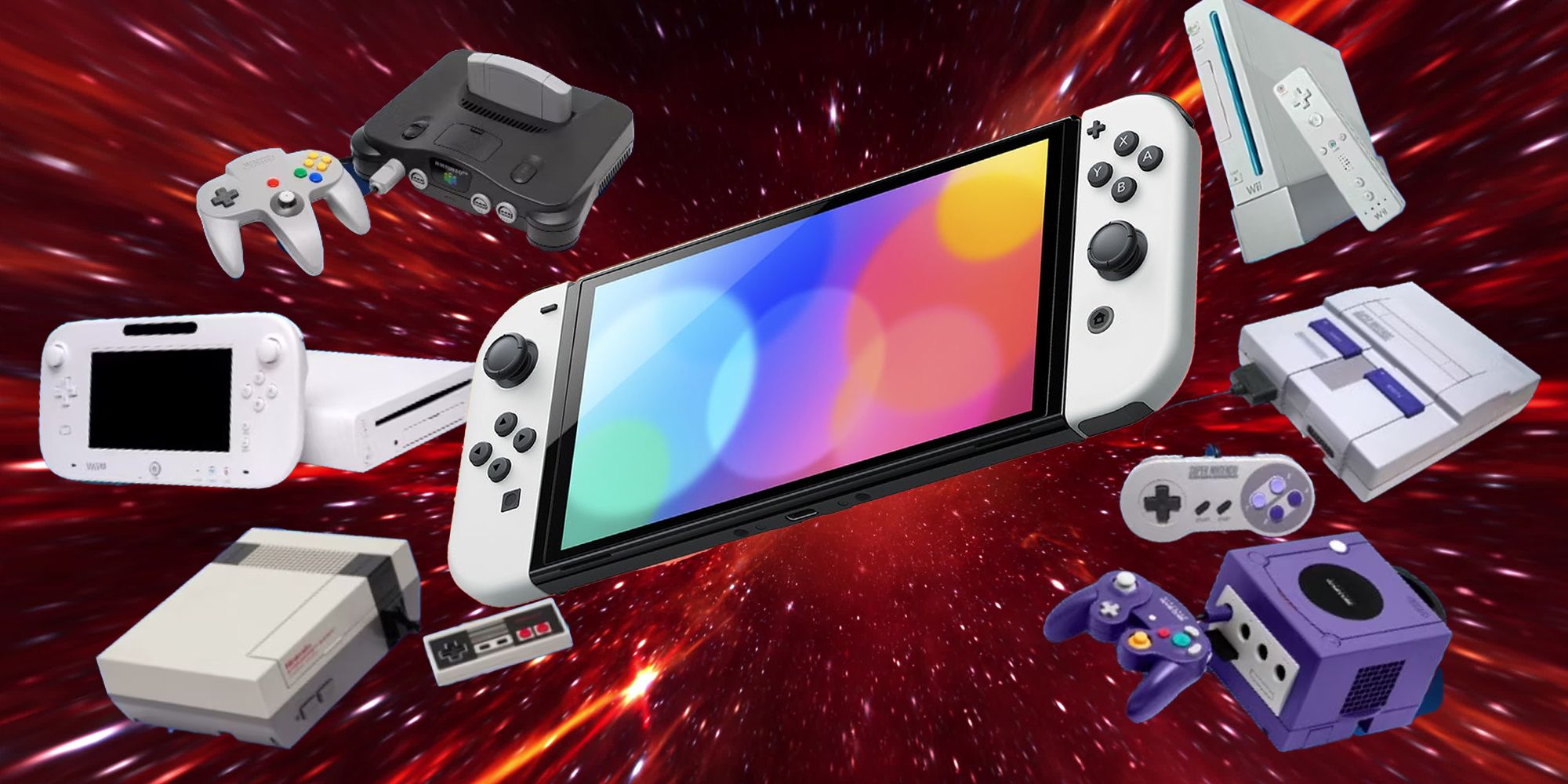 Nintendo Switch OLED with several Nintendo consoles around it against a red background