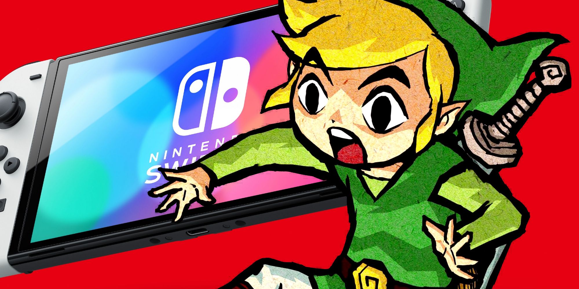 Link from The Legend of Zelda: The Wind Waker looking shocked in front of a Nintendo Switch in the background.