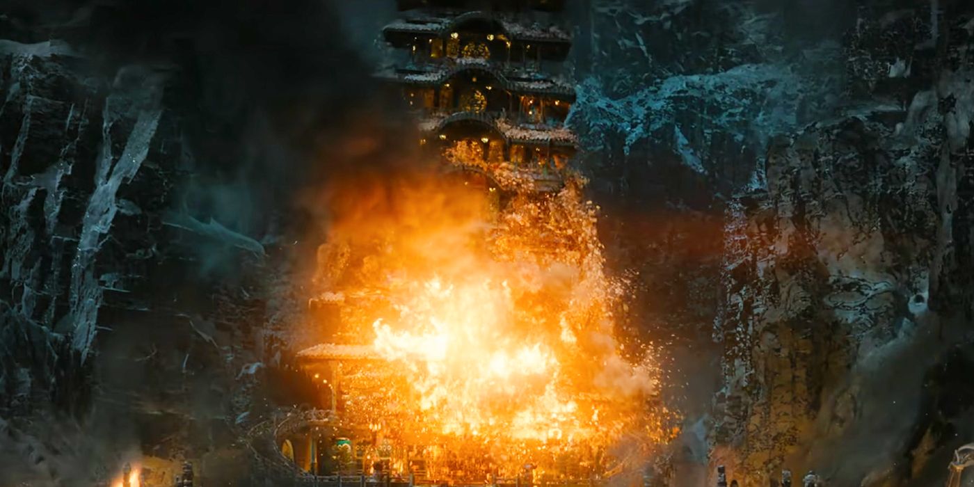 O templo da Tribo da Água do Norte sendo destruído por uma bola de fogo em Avatar: O Último Mestre do Ar da Netflix