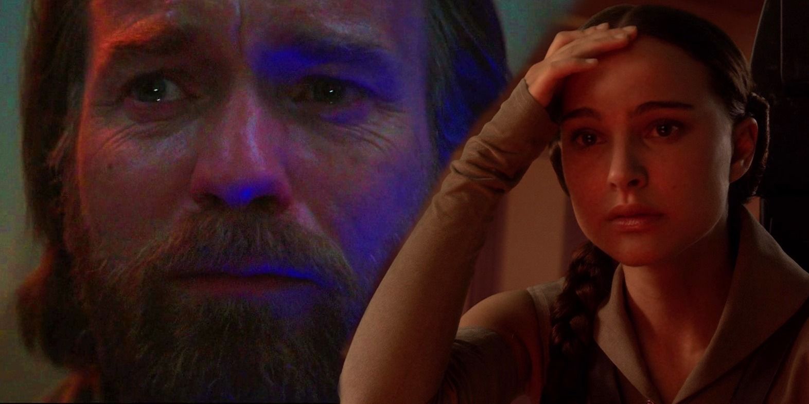 Obi-Wan with tears in his eyes from the Obi-Wan Kenobi show to the left and Padme holding her head looking upset in Revenge of the Sith to the right