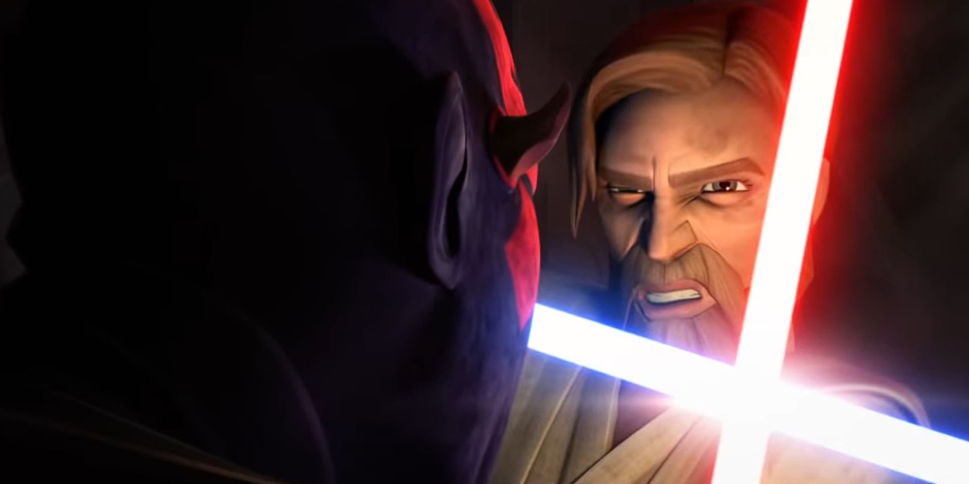 Obi-Wan fighting Darth Maul in the Clone Wars