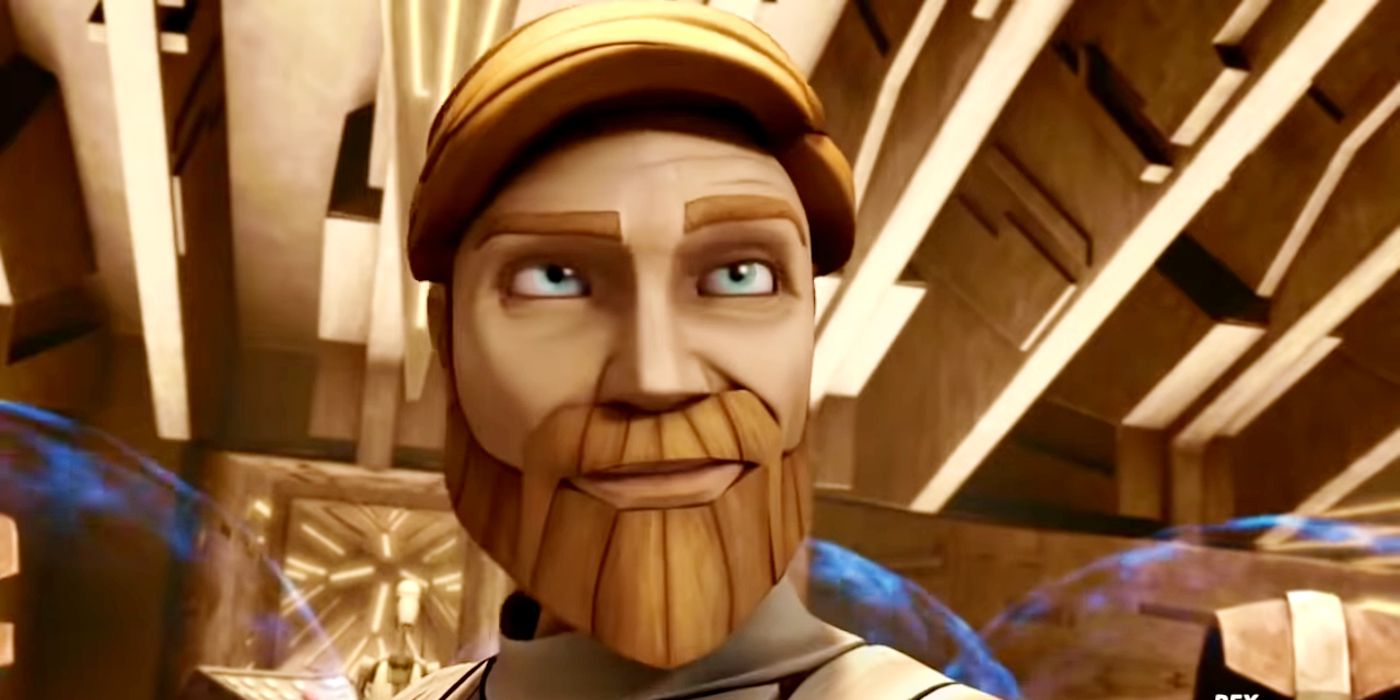 Obi-Wan Kenobi in the Clone Wars smirking surrounded by battle droids