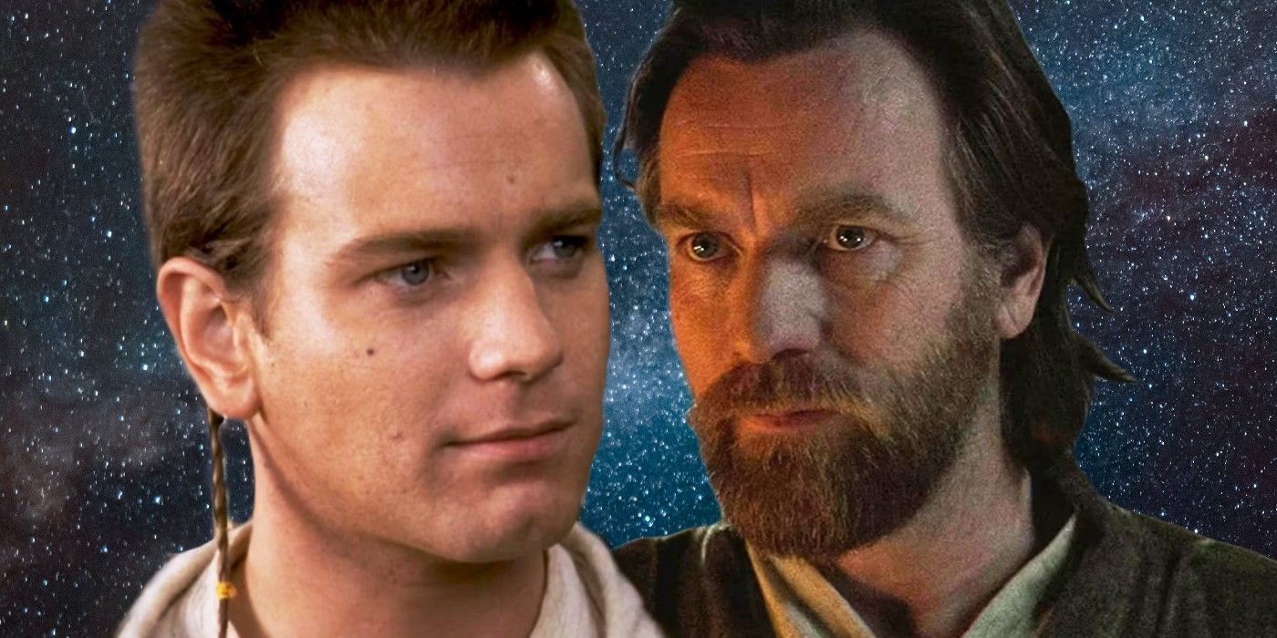Obi-Wan Kenobi (Ewan McGregor) in Star Wars: Episode I: The Phantom Menace and Obi-Wan Kenobi set against a backdrop of stars