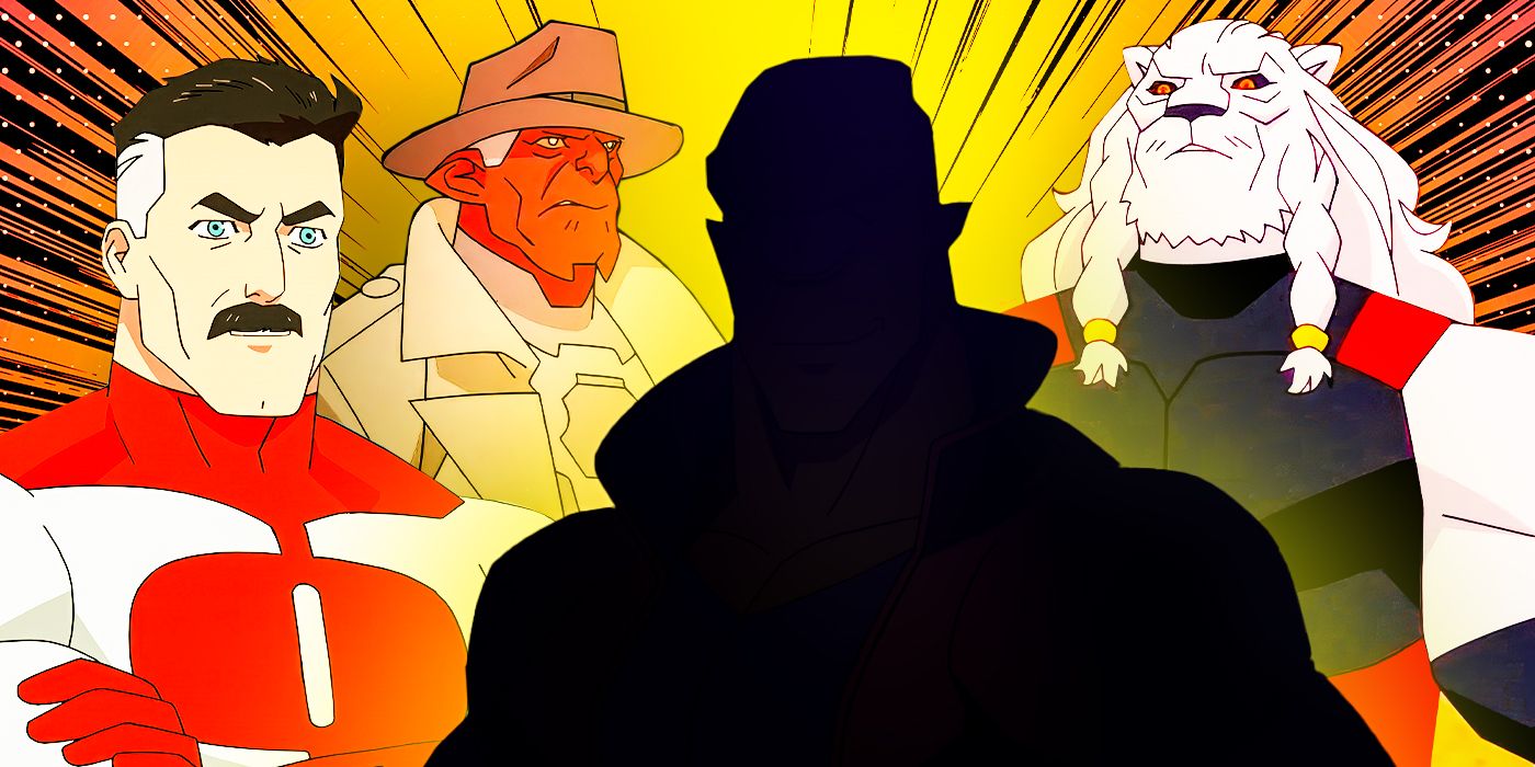 Omni-Man, Damien Darkblood, Battle Beast and a silhouette of Allen the Alien in Invincible