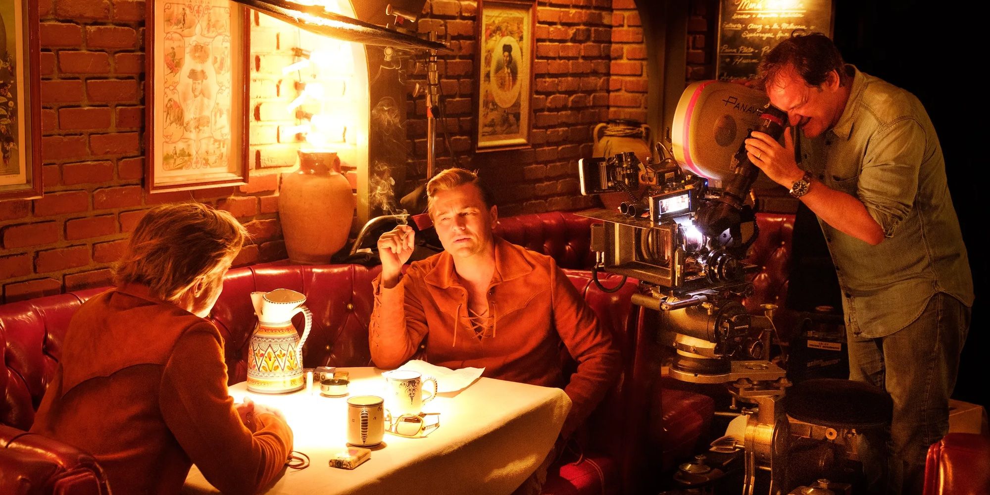 Quentin Tarantino filming Leonardo DiCaprio and Brad Pitt in Once Upon a Time in Hollywood