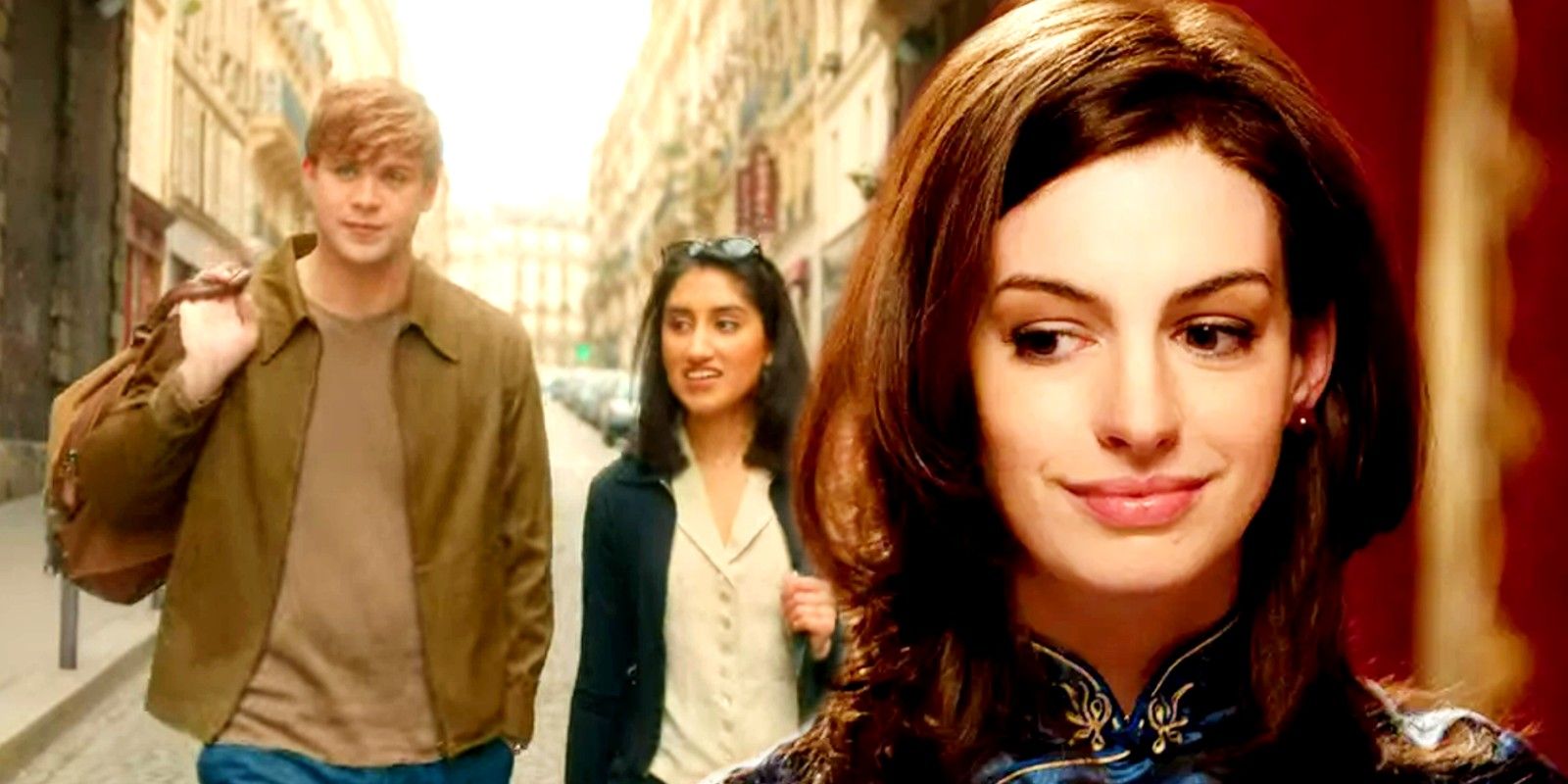 One Day characters walking on the Paris streets and Anne Hathaway in the movie version smiling