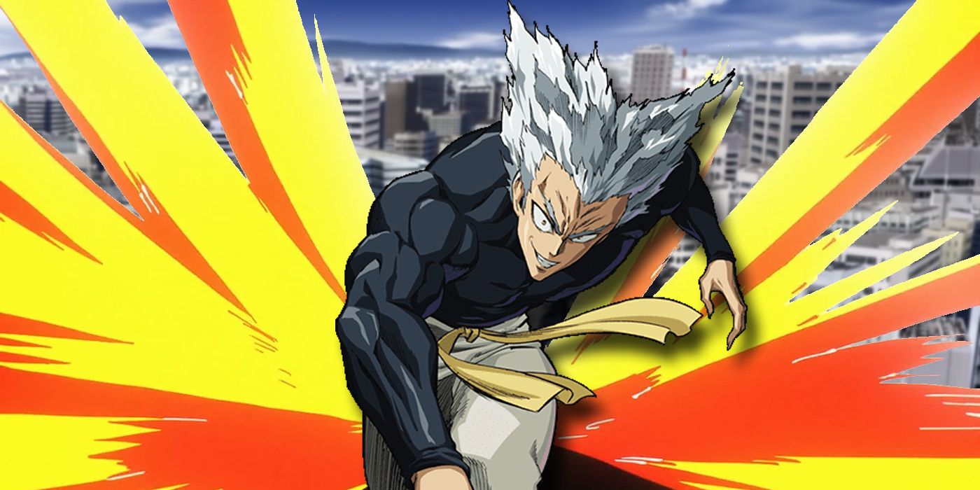 One-Punch Man: Garou in front of Z City with an explosion effect.