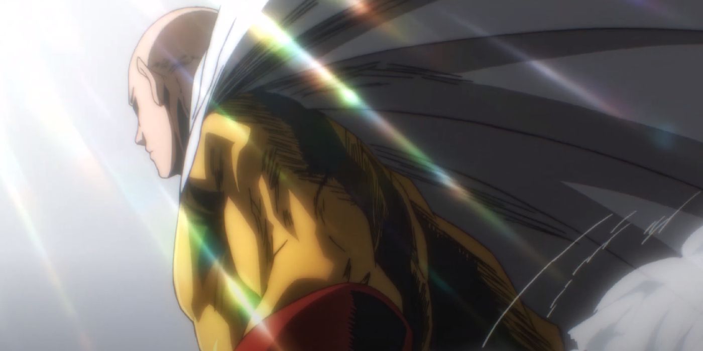One-Punch Man's Saitama is bathed in light and standing heroically.