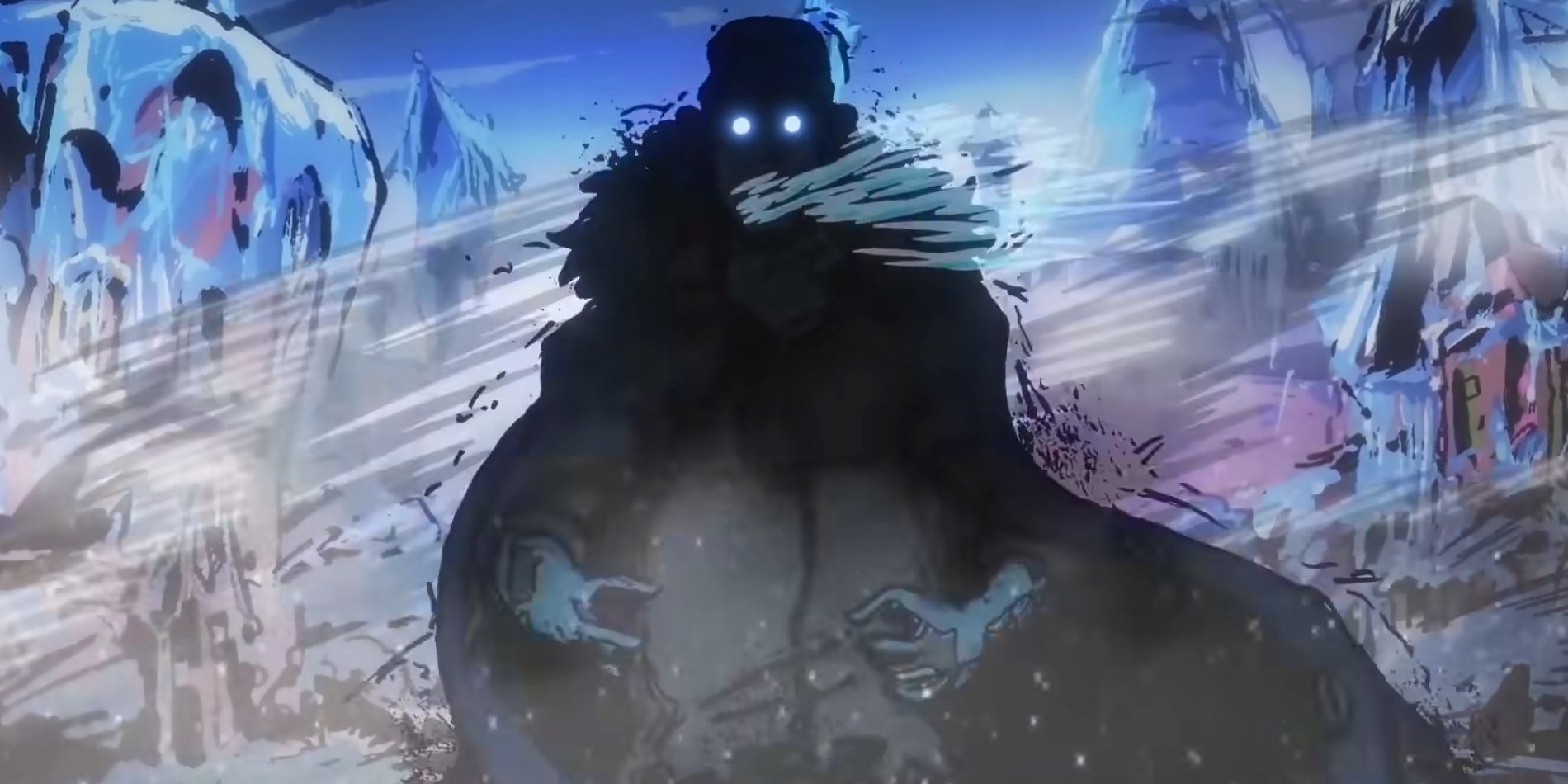 Screenshot from One Piece anime episode 1093 shows a heavily shadowed and intimdating Kuzan getting ready to use his ice devil fruit against Cracker on Whole Cake Island while his eyes glow white.