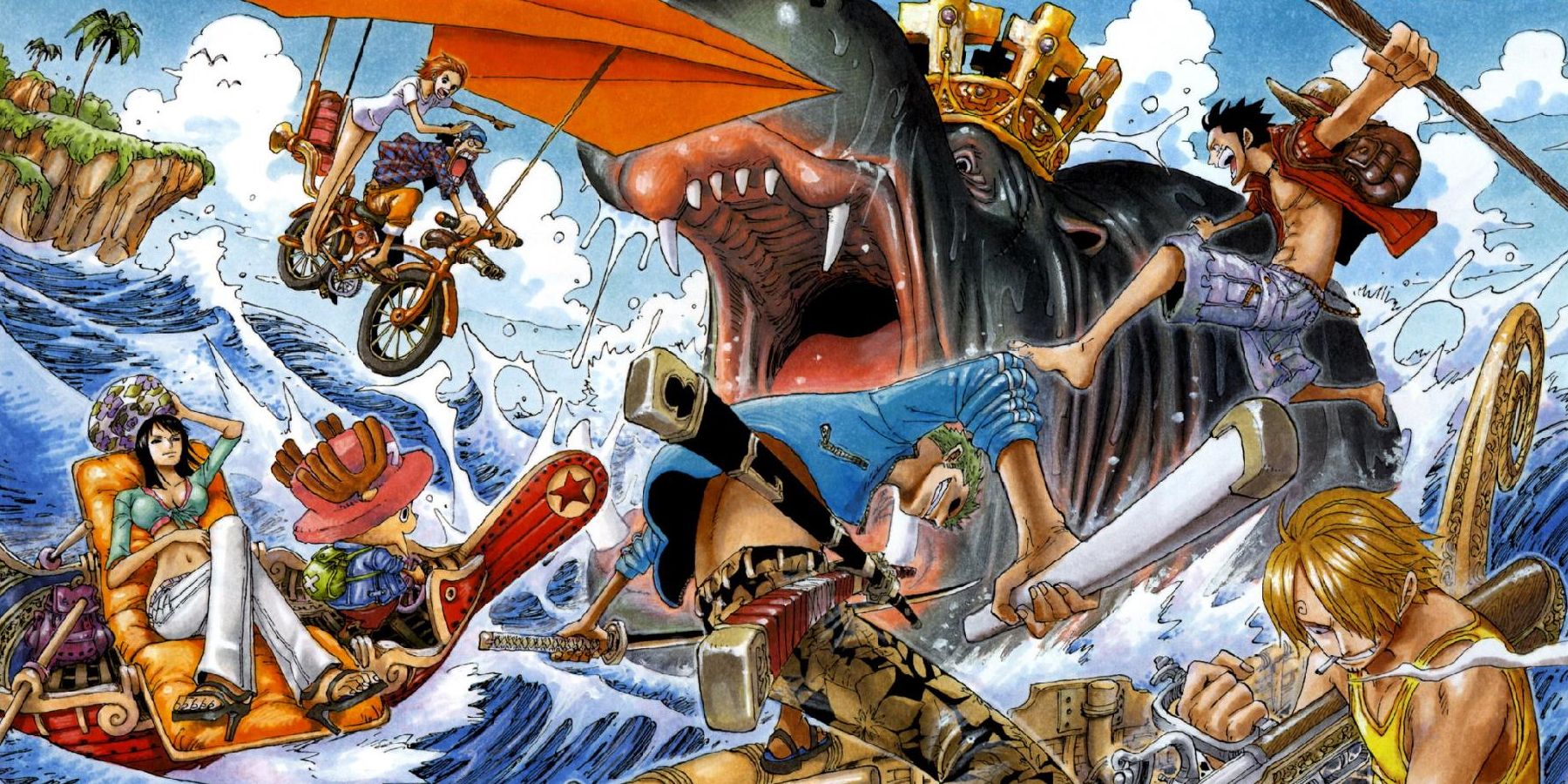 Colored manga panel from One Piece chapter 364 shows Luffy and the Straw Hats on some rough waters as they prepare to fight a large hippo with a crown.