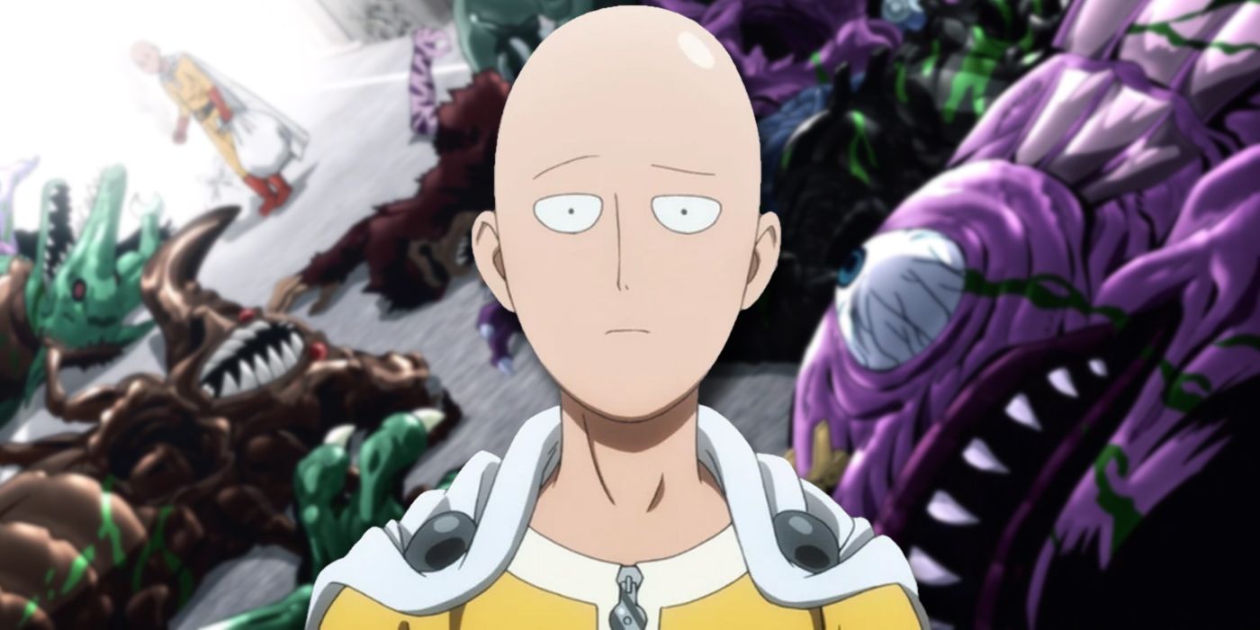 One-Punch Man's Saitama in front of monsters he killed.