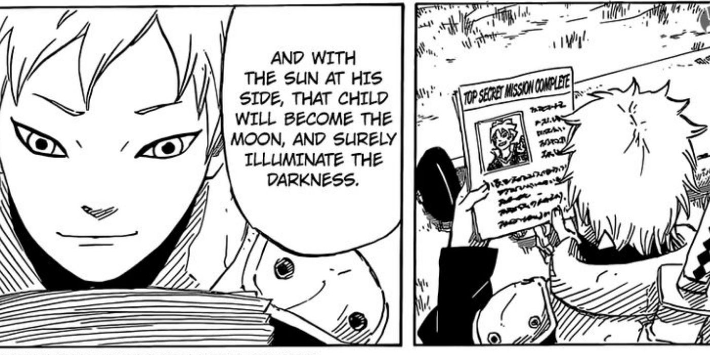 Orochimaru em Naruto Gaiden: A Estrada Iluminada pela Lua Cheia olhando um jornal.