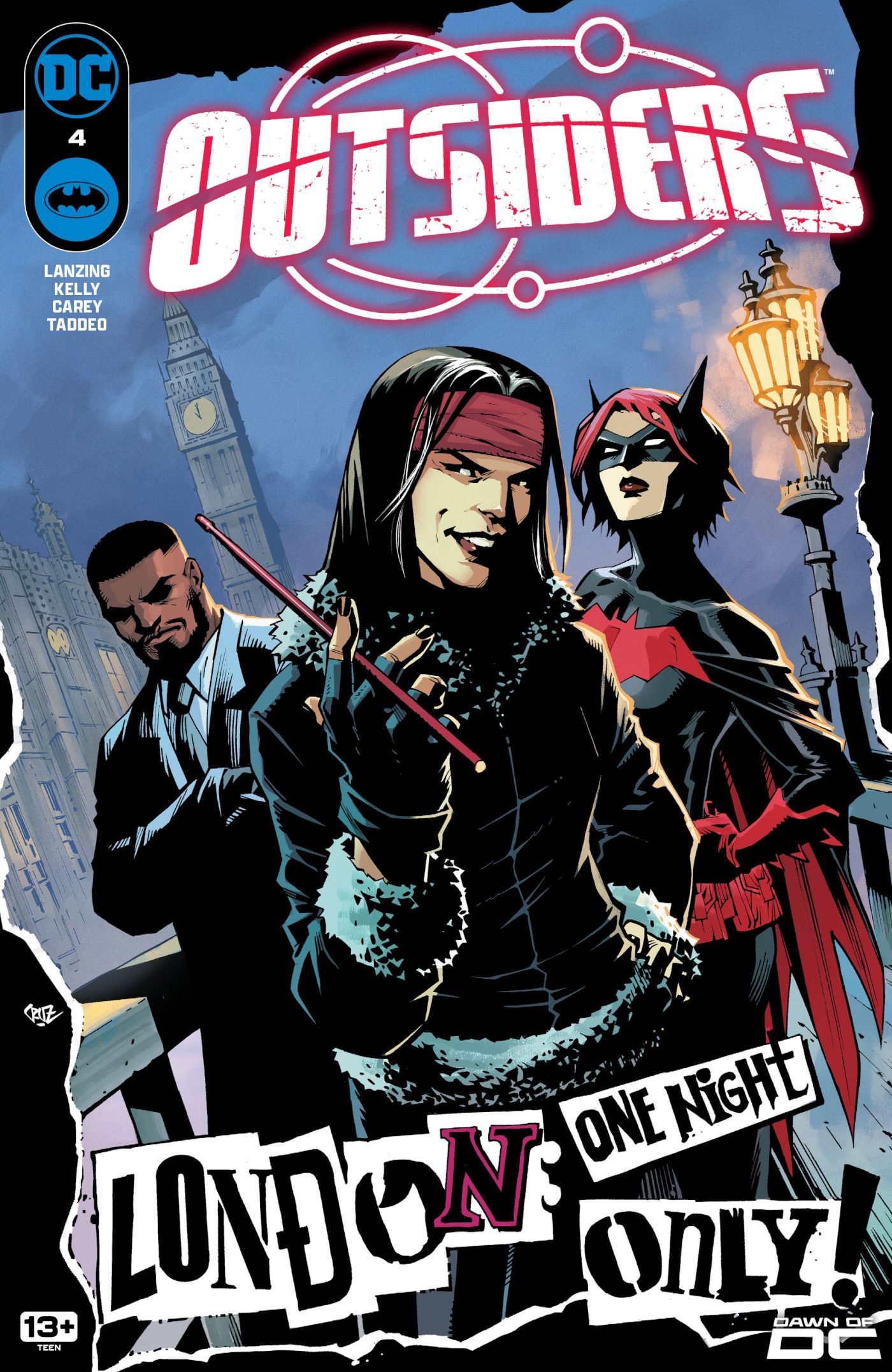 Outsiders 4 Main Cover: Drummers, Luke Fox, and Batwoman pose in London.