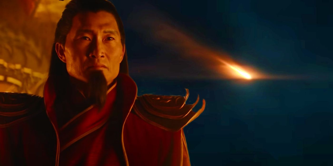 Daniel Dae Kim as Ozai in Netflix's Last Airbender next to Sozin's Comet flying through the sky