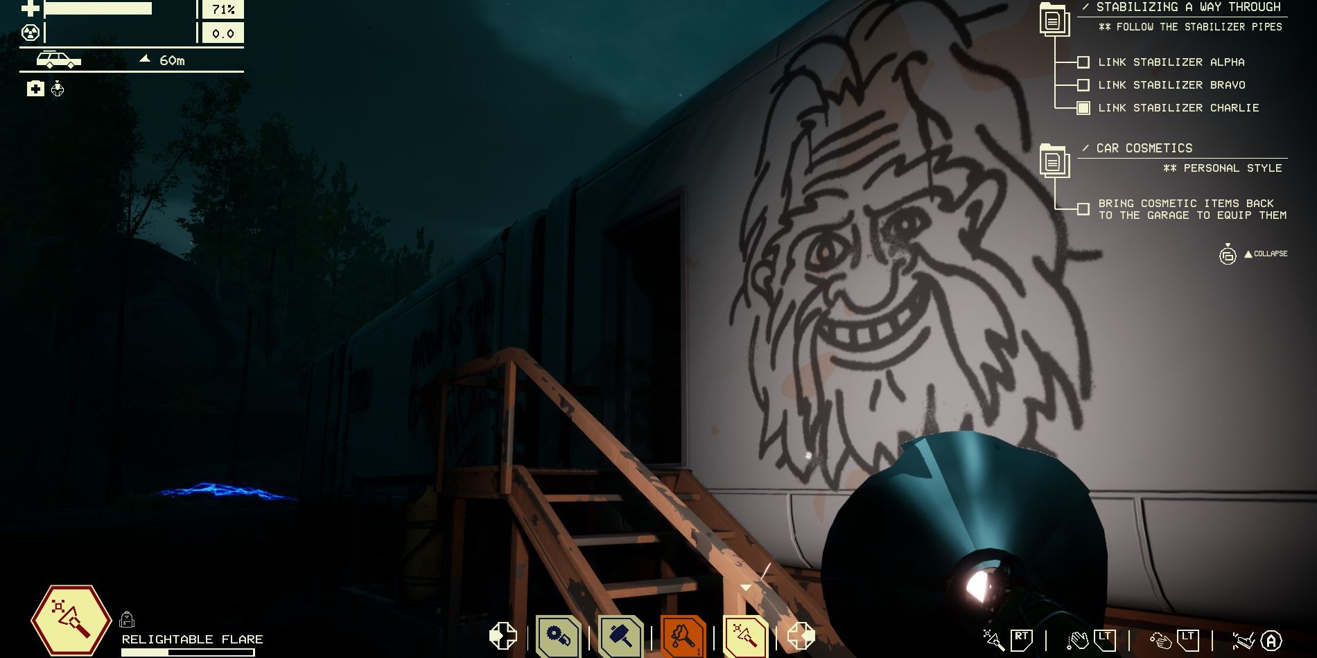 Screenshot from Pacific Drive show a comical drawing of a smiling big foot creature on the side of an abandoned trailer.