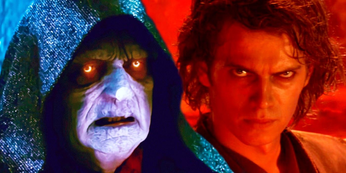 Emperor Palpatine with glowing yellow Sith eyes in Star Wars: Episode IX - The Rise of Skywalker and Anakin Skywalker glaring at the camera on Mustafar in Star Wars: Episode III - Revenge of the Sith