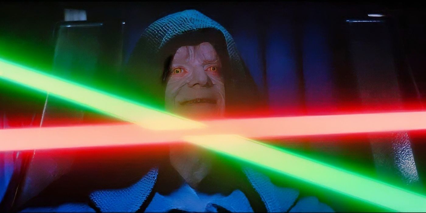 Palpatine smiling as Luke Skywalker tries to kill him.