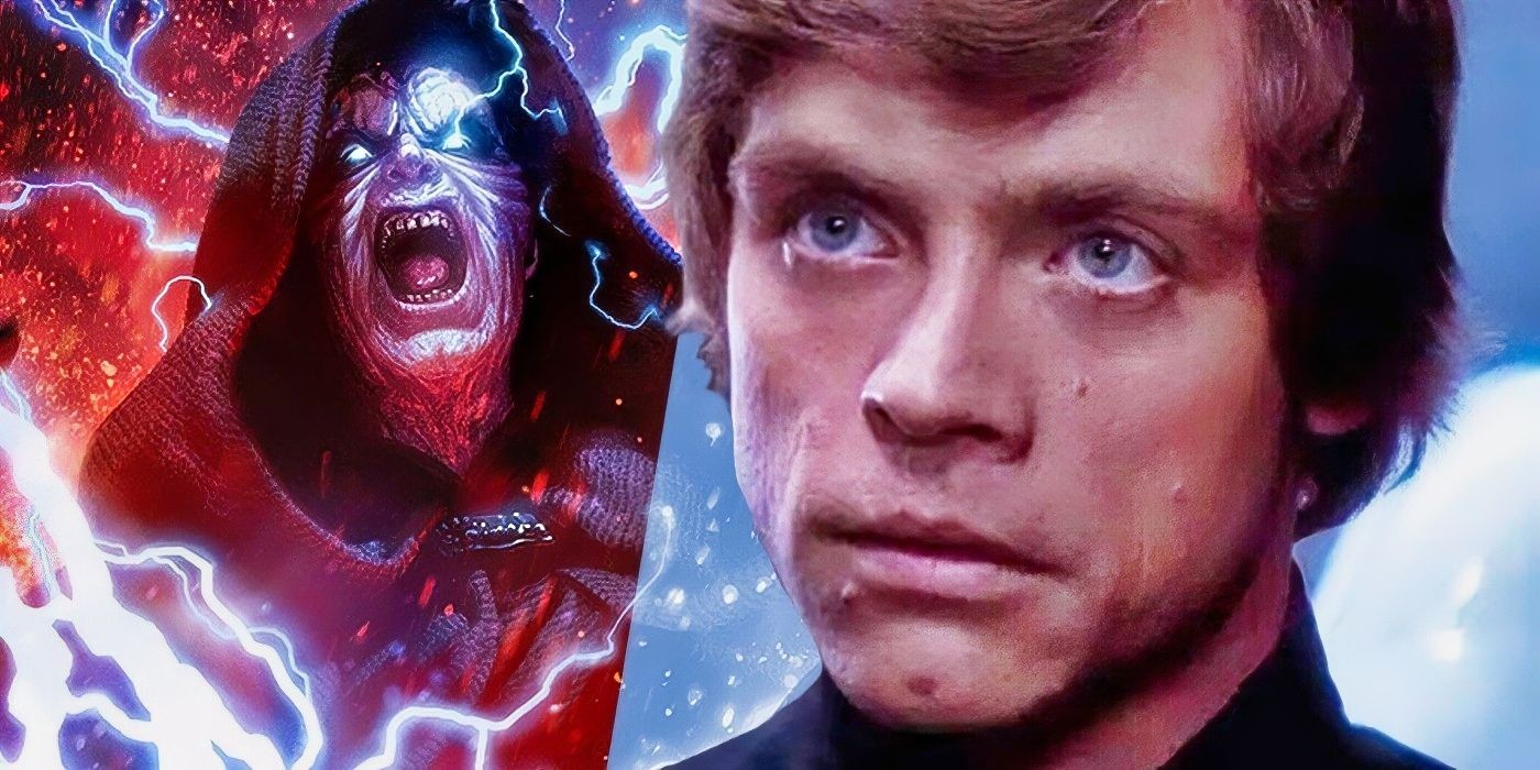 Palpatine surgindo com o poder do lado negro com Luke Skywalker.