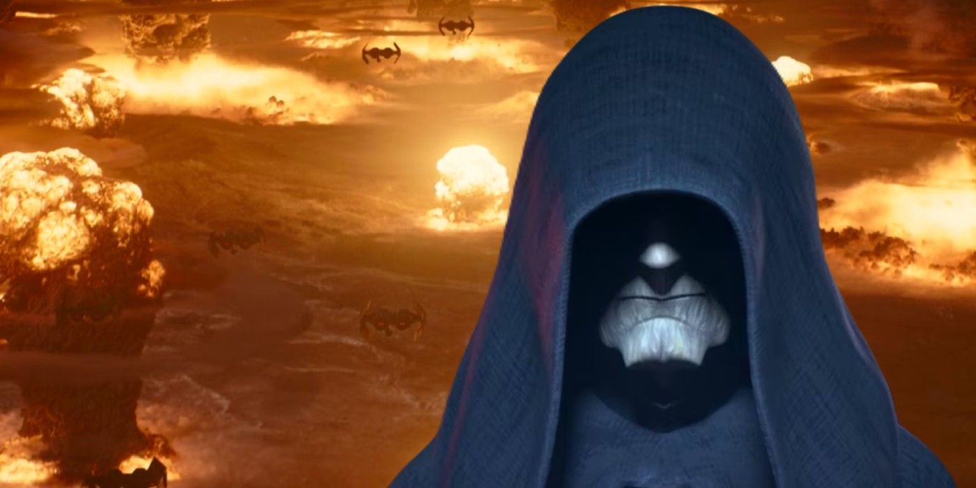 An animated Emperor Palpatine in Star Wars: The Bad Batch has his face shrouded in darkness by his hood while he stands in front of TIE bombers laying dropping bombs on the surface of Mandalore during the Siege of Mandalore from The Mandalorian