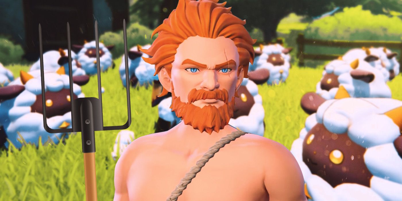 A Palworld character with a pitchfork standing in front of a bunch of Lamballs.