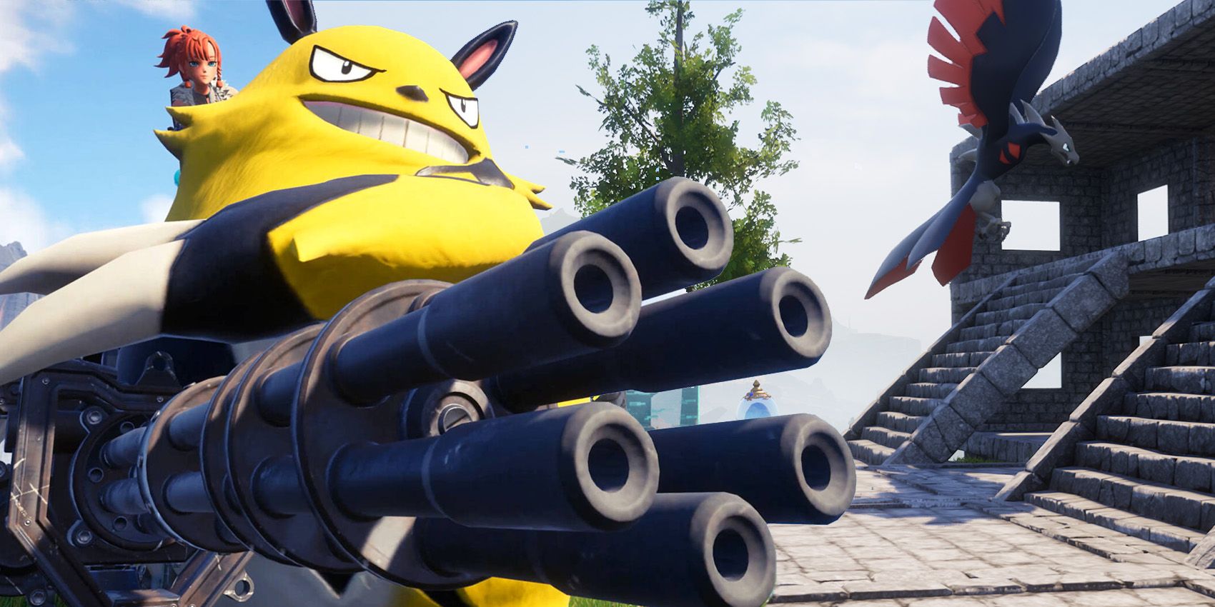 Large yellow Pal Grizzbolt holding a minigun in Palworld next to a base.