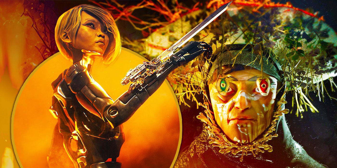 Parallel TCG characters, a woman with a gun for an arm on the left, a person with a hat made of plants and green and red stones over their eyes.