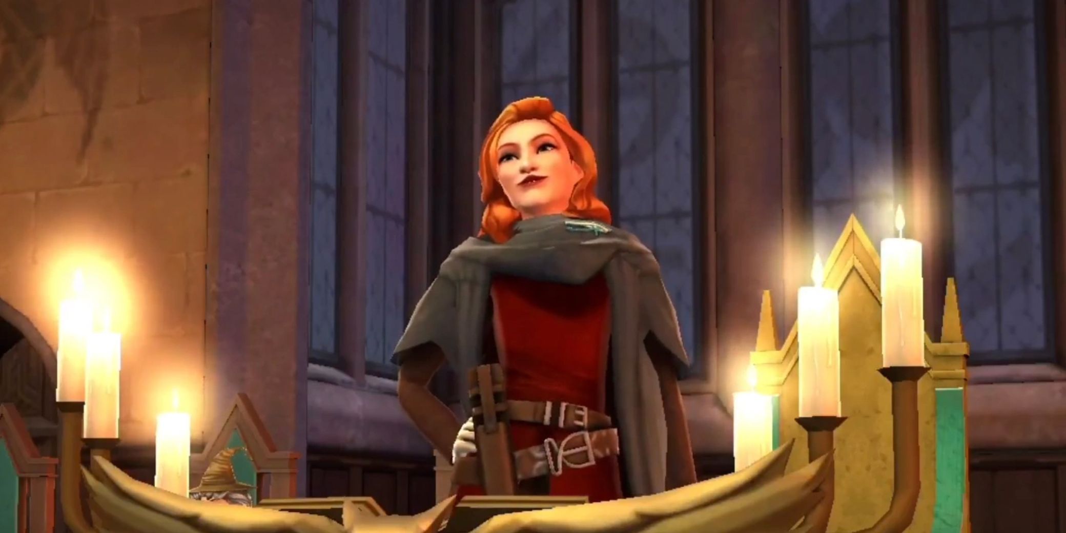 Patricia Rakepick at the podium in the Great Hall in Harry Potter Hogwarts Mystery