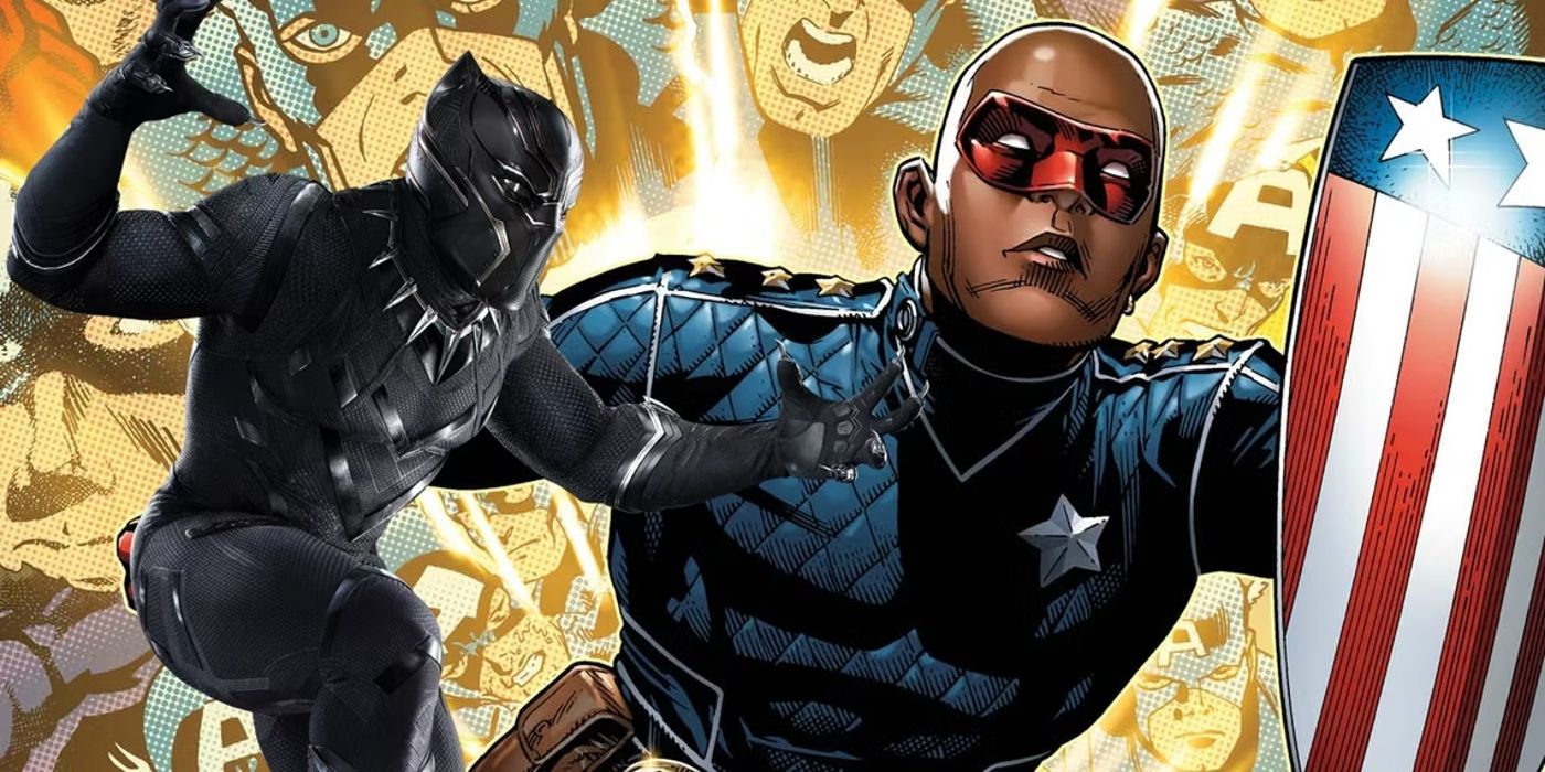 Black Panther and Eli Bradley's Patriot in front of Captain America comic panels 