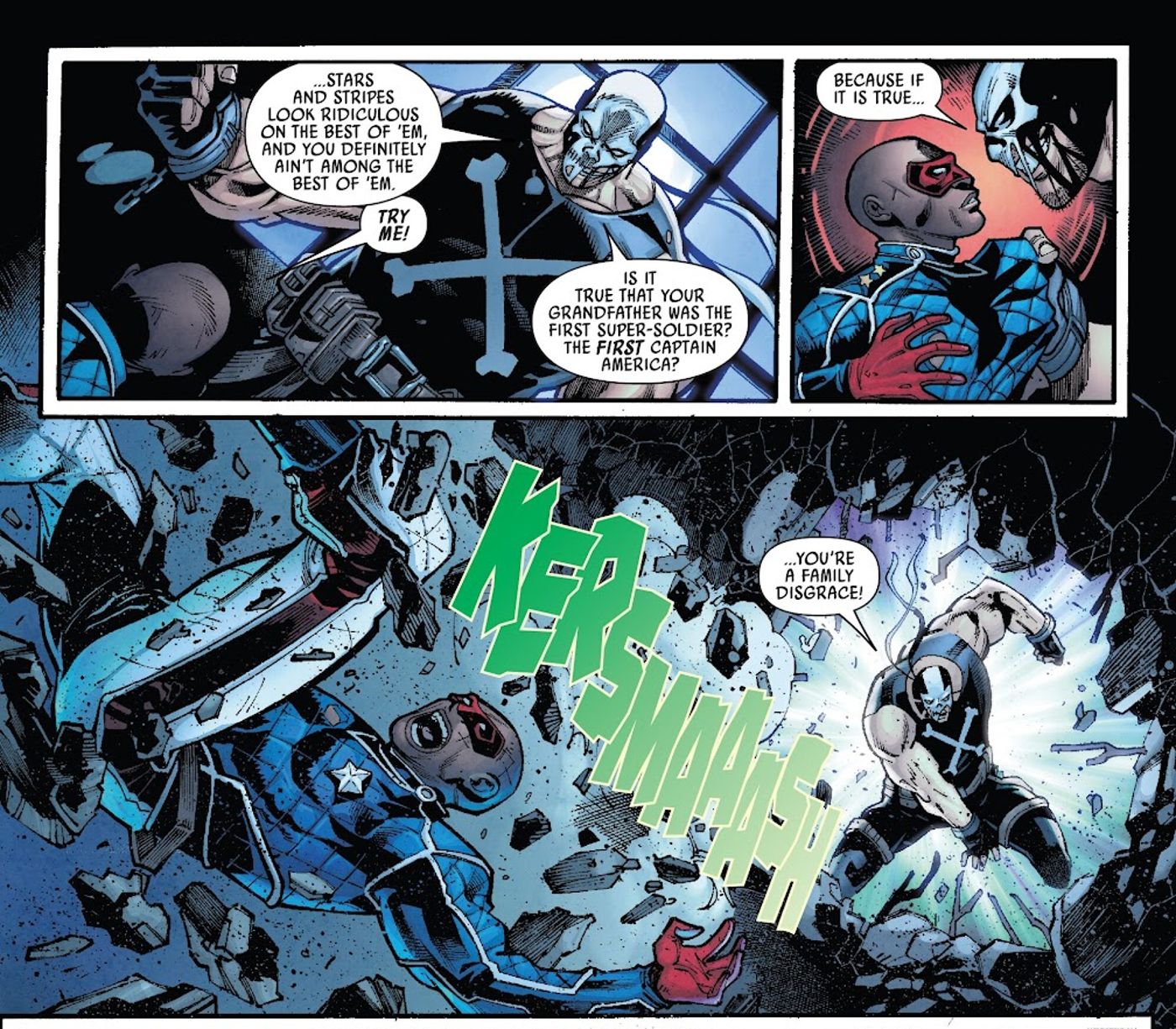 Comic book panels: Eli Bradley's Patriot and Brock Rumlow's Crossbones violently fight.