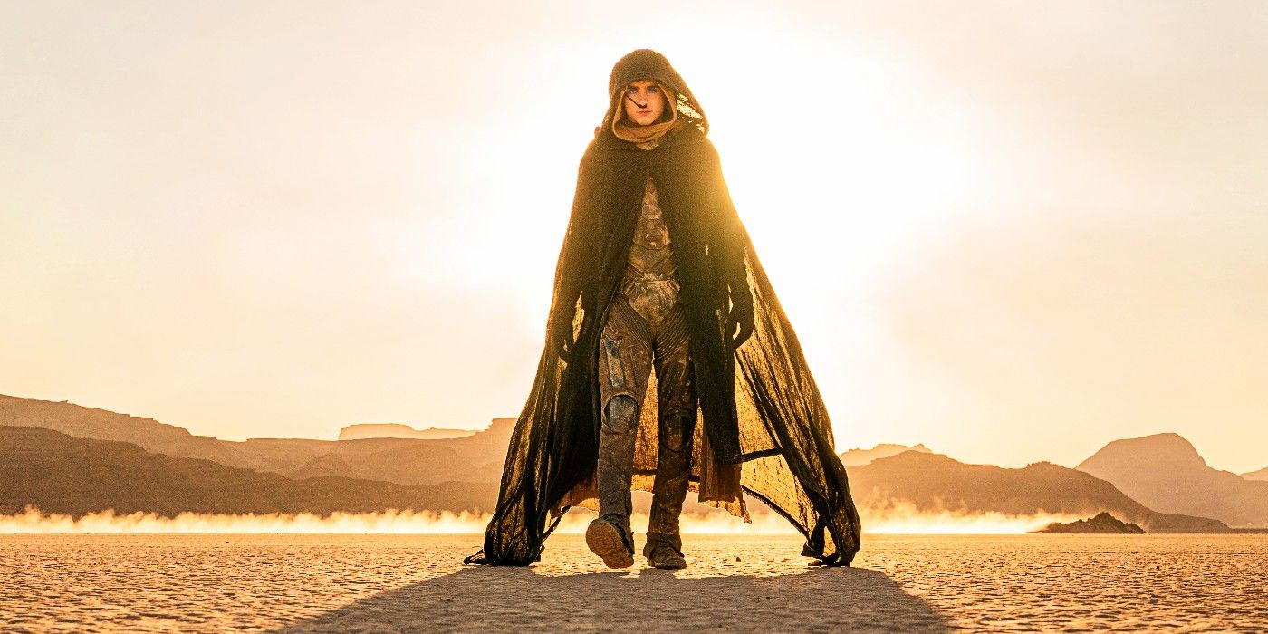 Timothée Chalamet as Paul Atredies walking through the desert in Dune 2