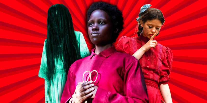 Collage of Pearl from Pearl, Samara from The Ring and Red from Us